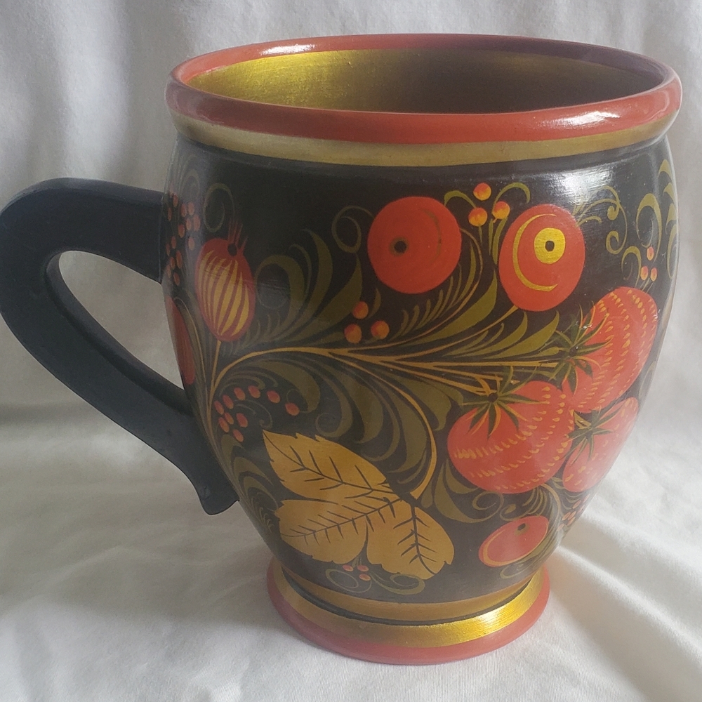 Khokhloma Vtg 1980's Hand Painted USSR/Russian Floral Strawberries Leaves Mug